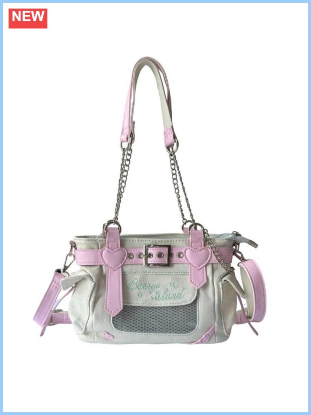 Kawaii Lolita Denim Crossbody Shoulder Bag with Pink Straps & Pin Display